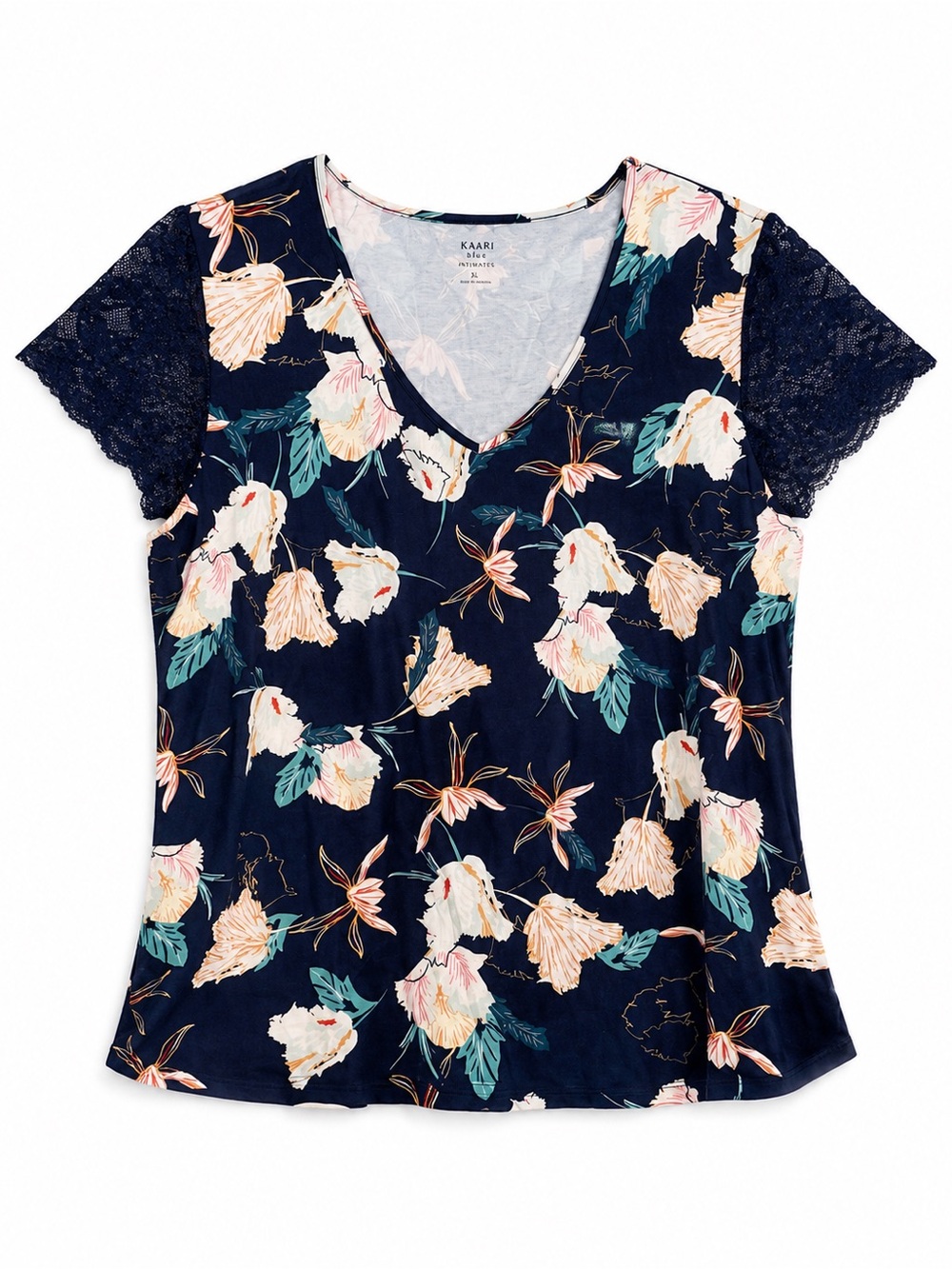 Kaari Blue Women's Navy Floral Lace Flutter Sleeve V-Neck Blouse Size XL